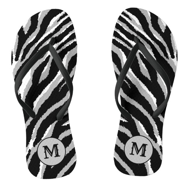 Luxury Elegant Silver Black Monogrammed Tiger Jandals (Footbed)