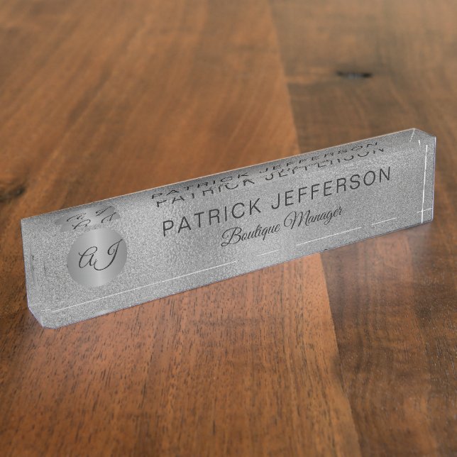 Luxury elegant silver glitter black monogrammed nameplate (Side)