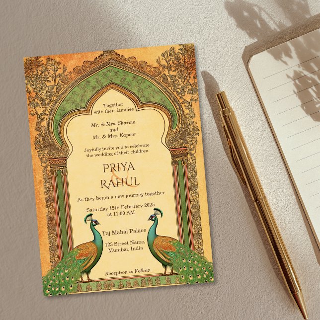 Luxury Elegant Vintage Gold Peacock Indian Wedding Invitation (gold indian wedding invitation with peacocks)