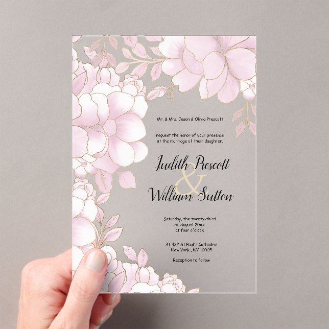 Luxury elegant white gold pink floral wedding acrylic invitations (Insitu (Handheld))