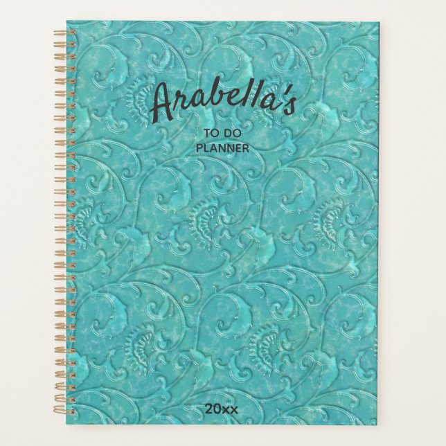 Luxury Embossed Teal Floral Vine Personalised Planner (Front)