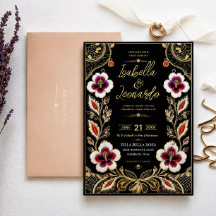 Luxury Embroidered Floral Black and Gold Elegant Invitation