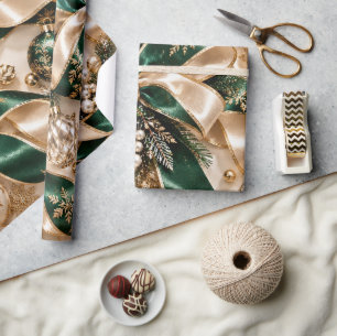 Luxury Emerald Gold Christmas Ribbons Wrapping Paper