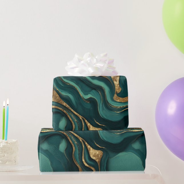 Luxury Emerald Gold Fluid Dark Abstract Pattern Wrapping Paper (Party Gifts)