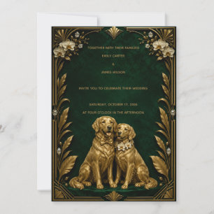 Luxury Emerald Gold Golden Retriever Wedding Invit Invitation