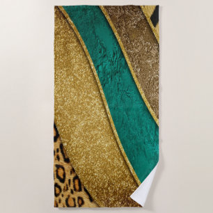 Luxury Emerald & Gold Safari Leopard Zebra Glitter Beach Towel