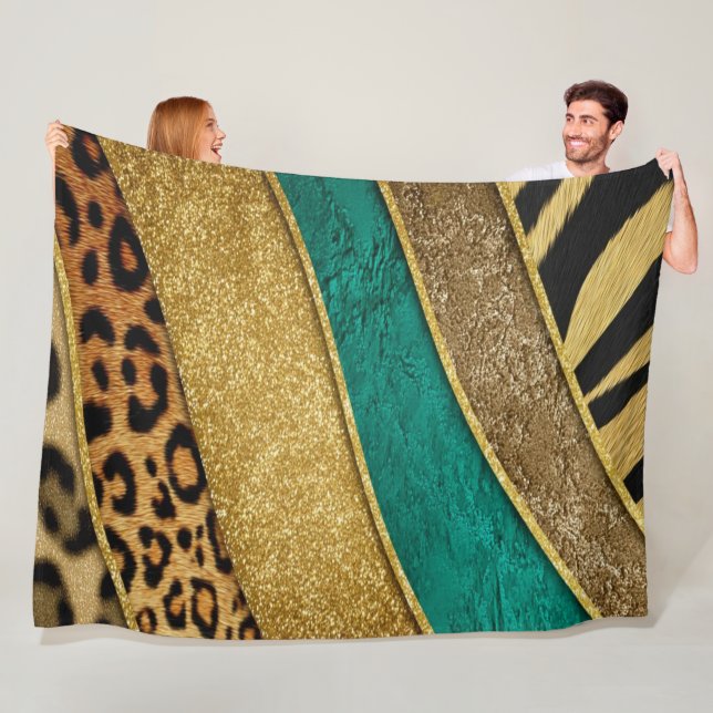 Luxury Emerald & Gold Safari Leopard Zebra Glitter Fleece Blanket (In Situ)