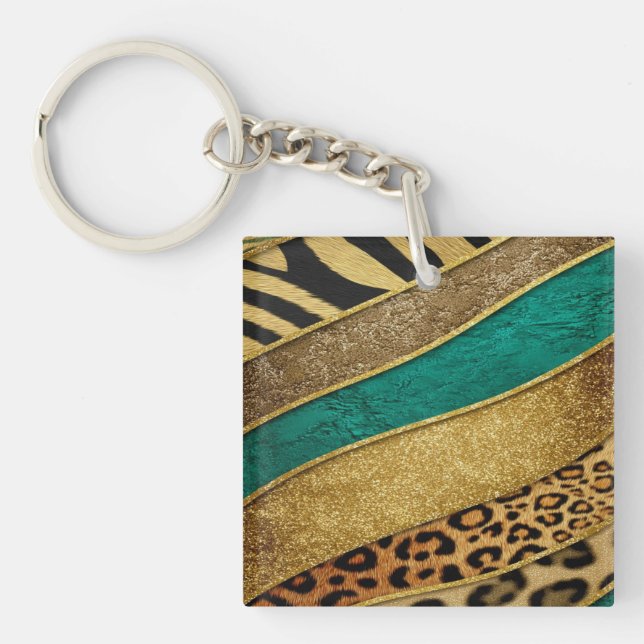 Luxury Emerald & Gold Safari Leopard Zebra Glitter Key Ring (Front)