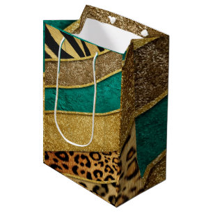 Luxury Emerald & Gold Safari Leopard Zebra Glitter Medium Gift Bag