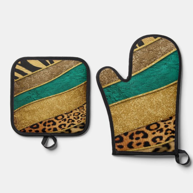 Luxury Emerald & Gold Safari Leopard Zebra Glitter Oven Mitt & Pot Holder Set (Front)