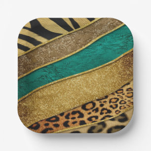 Luxury Emerald & Gold Safari Leopard Zebra Glitter Paper Plate