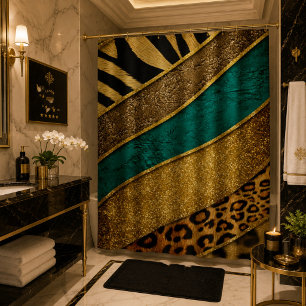 Luxury Emerald & Gold Safari Leopard Zebra Glitter Shower Curtain