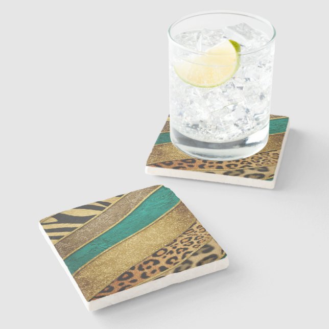 Luxury Emerald & Gold Safari Leopard Zebra Glitter Stone Coaster (Side)