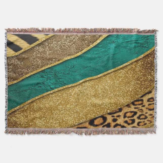 Luxury Emerald & Gold Safari Leopard Zebra Glitter Throw Blanket (Front)