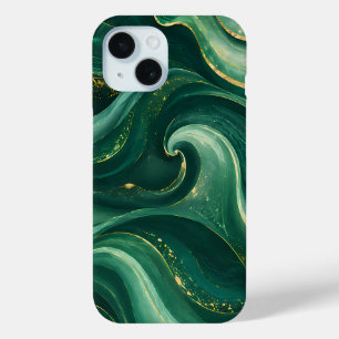 Luxury Emerald Green and Gold Liquid Marble iPhone 15 Case