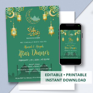 Luxury Emerald Green and Gold Mosque Iftar Dinner  Invitation