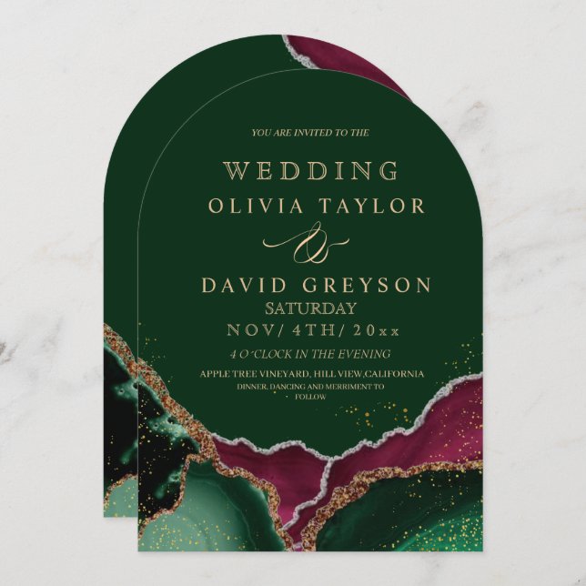Luxury Emerald Green and pink Agate Wedding Invitation (Front/Back)