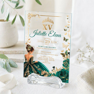 Luxury Emerald Green & Gold Acrylic Quinceañera Invitations
