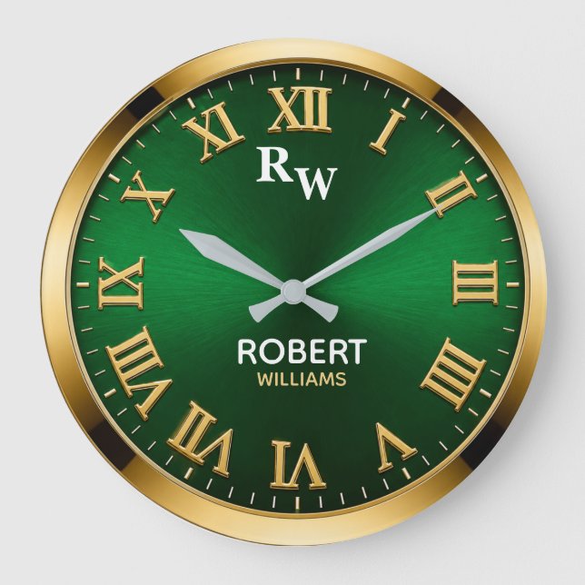 Luxury Emerald Green & Gold Modern Minimalist  Large Clock (Front)
