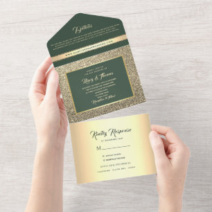 Luxury Emerald Green Gold Photo Wedding All In One Invitation