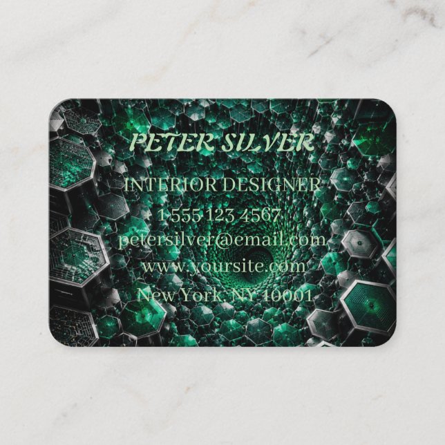 Luxury Emerald Hexagon Vortex Business Card (Front)