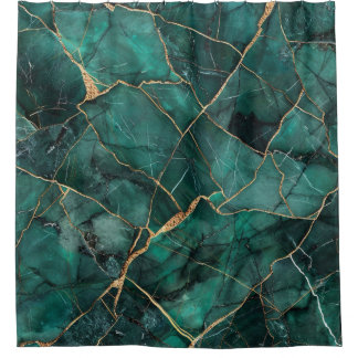 Luxury Emerald Kintsugi Marble Gold Agate Shower Curtain