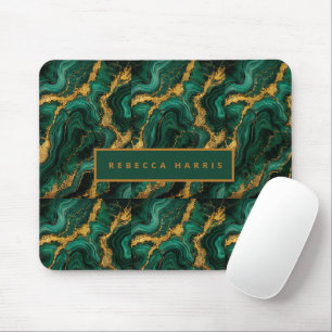 Luxury Emerald Malachite Gold Custom Name Mouse Pad