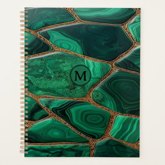 Luxury Emerald Malachite Green Marble Abstract Planner (Front)