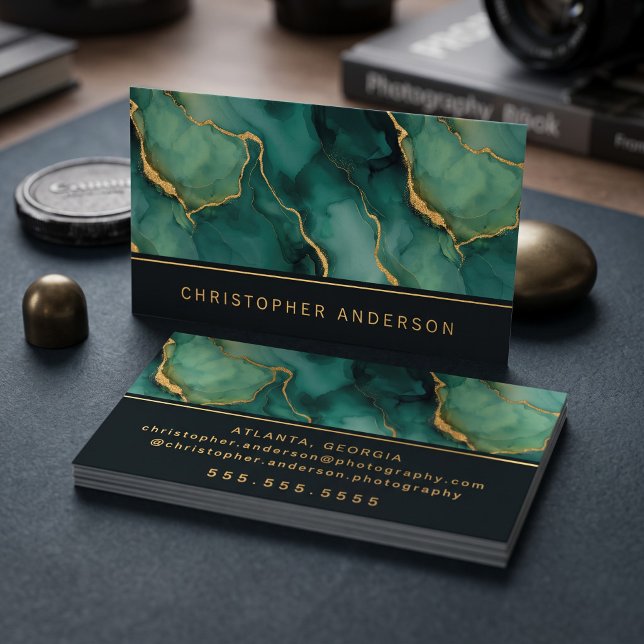 Luxury Emerald Marble Business Card (Simulated business cards on table)