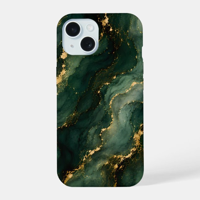 Luxury Emerald Marble with Gold Veins iPhone 15 Case (Back)