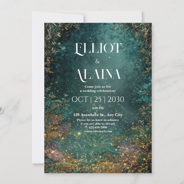 Luxury Enchanted Forest Gold Teal Fairy Wedding Invitation (Front)