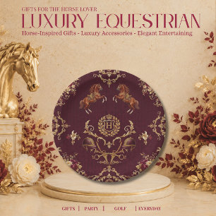 Luxury Equestrian Burgundy and Gold Paper Plate