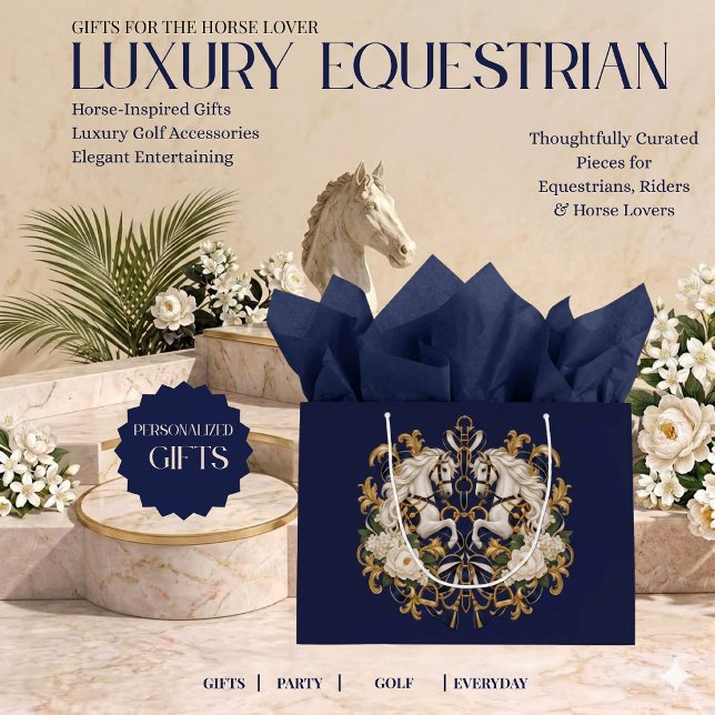 Luxury Equestrian Horse Print Gift Bag (Luxury Equestrian White Horses Navy Gold and Ivory)