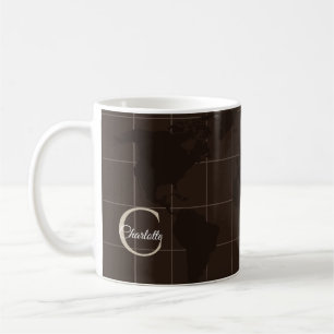 Luxury Espresso Brown World Map Monogram Name Coffee Mug