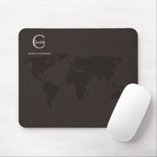 Luxury Espresso Brown World Map Monogram Name Mouse Pad