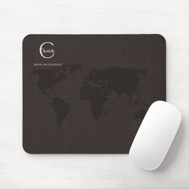 Luxury Espresso Brown World Map Monogram Name Mouse Pad (With Mouse)