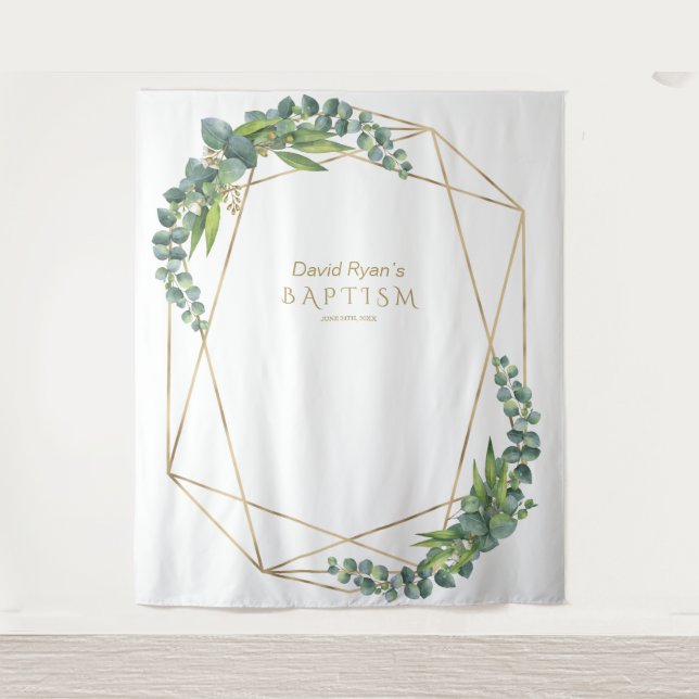 Luxury Eucalyptus Bloom Gold Frame Baptism Prop Tapestry (Front)