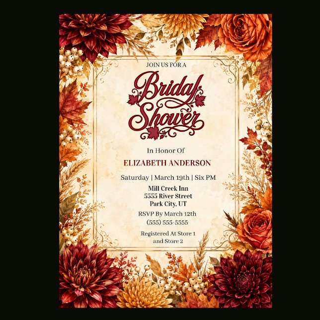 Luxury Fall Bridal Shower Invitation (Elegant fall bridal shower invitation with burgundy, burnt orange, rust and gold watercolor flowers,)