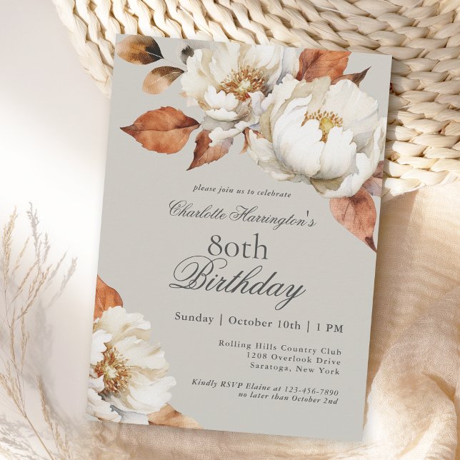 Luxury Fall Floral 80th Birthday Party Invitation (A beautifully feminine fall floral 80th birthday party invitation for your special celebration.
)