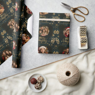Luxury Family Christmas Photo Collage Gold black Wrapping Paper