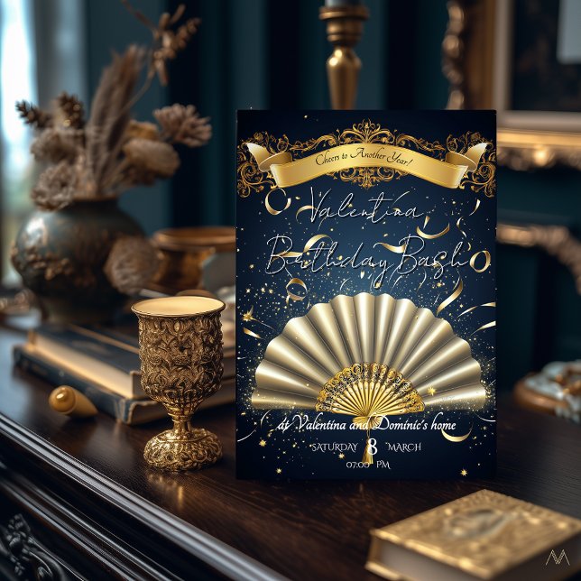 Luxury Fan-Themed Birthday | Gold & Navy Elegance Invitation (Creator Uploaded)