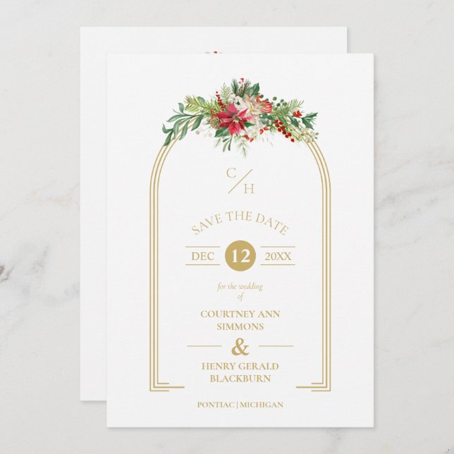 Luxury Fancy Initials Arch Floral Christmas Photo Save The Date (Front/Back)
