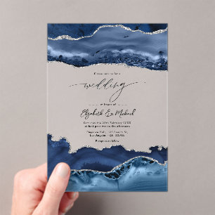 Luxury Faux Glitter Navy and Silver Agate Wedding Acrylic Invitations