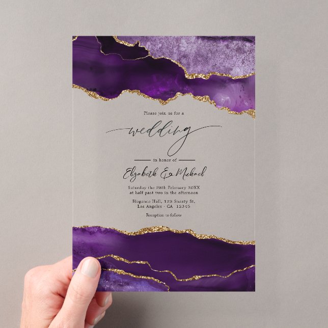 Luxury Faux Glitter Purple Agate Geode Wedding Acrylic Invitations (Insitu (Handheld))