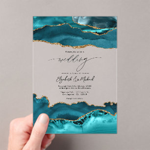 Luxury Faux Glitter Turquoise & Gold Agate Wedding Acrylic Invitations