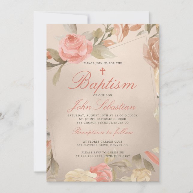 Luxury Faux Gold Foil Peach Cream Floral Baptism Invitation (Front)