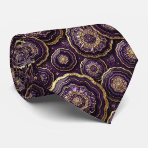 Luxury Faux Silk Deep Plum + Gold Geode Neck Tie