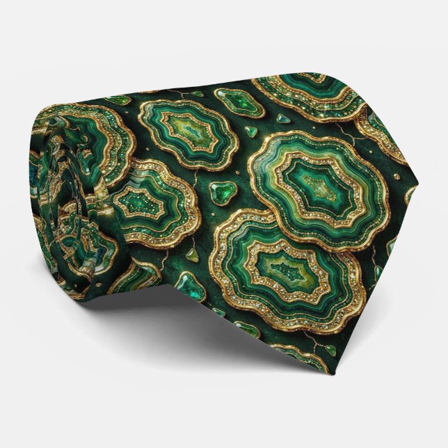 Luxury Faux Silk | Green + Gold Geode  Tie (Rolled)