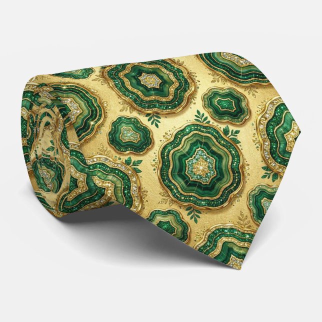 Luxury Faux Silk | Green + Gold Geode  Tie (Rolled)
