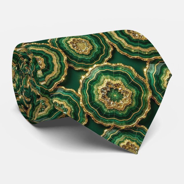 Luxury Faux Silk | Green + Gold Geode  Tie (Rolled)